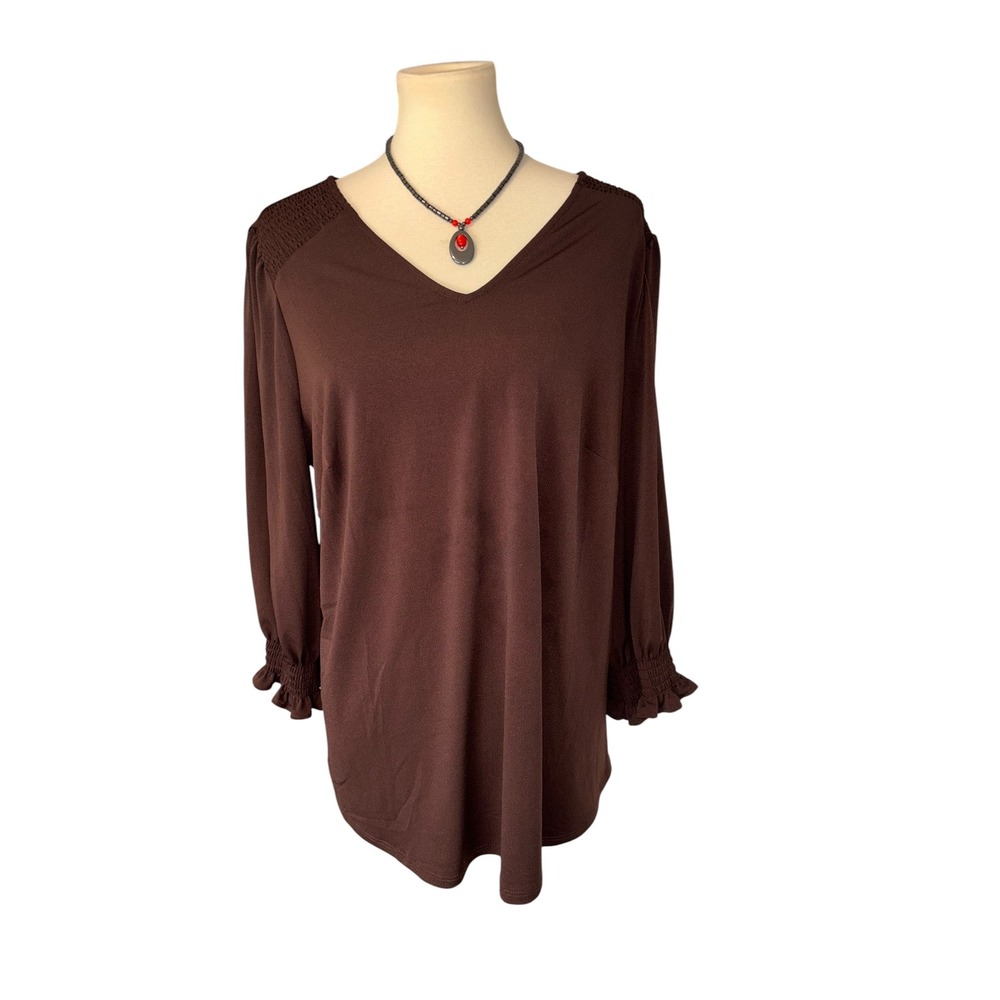 Adrianna Papell Women Brown Smocked Sleeve V-Neck Blouse Top 1X Career Capsule - Picture 2 of 16